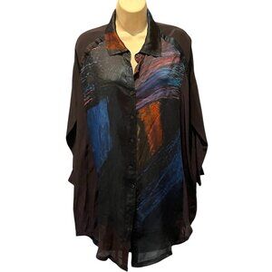 New BIYA Johnny Was Black Brushstroke 100% Silk Button Shirt Tunic Blouse